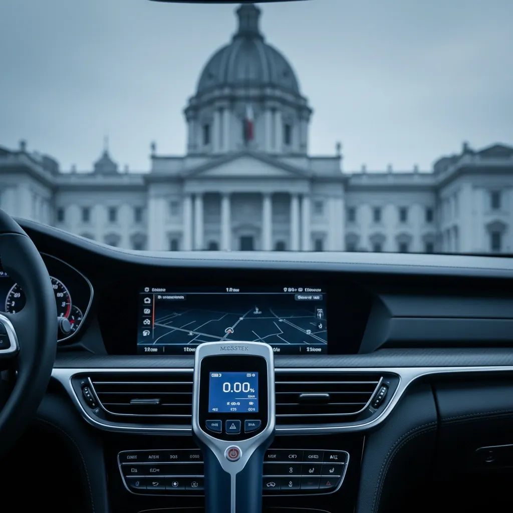 Digital dashboard display showing alcolock breathalyzer device installation in car
