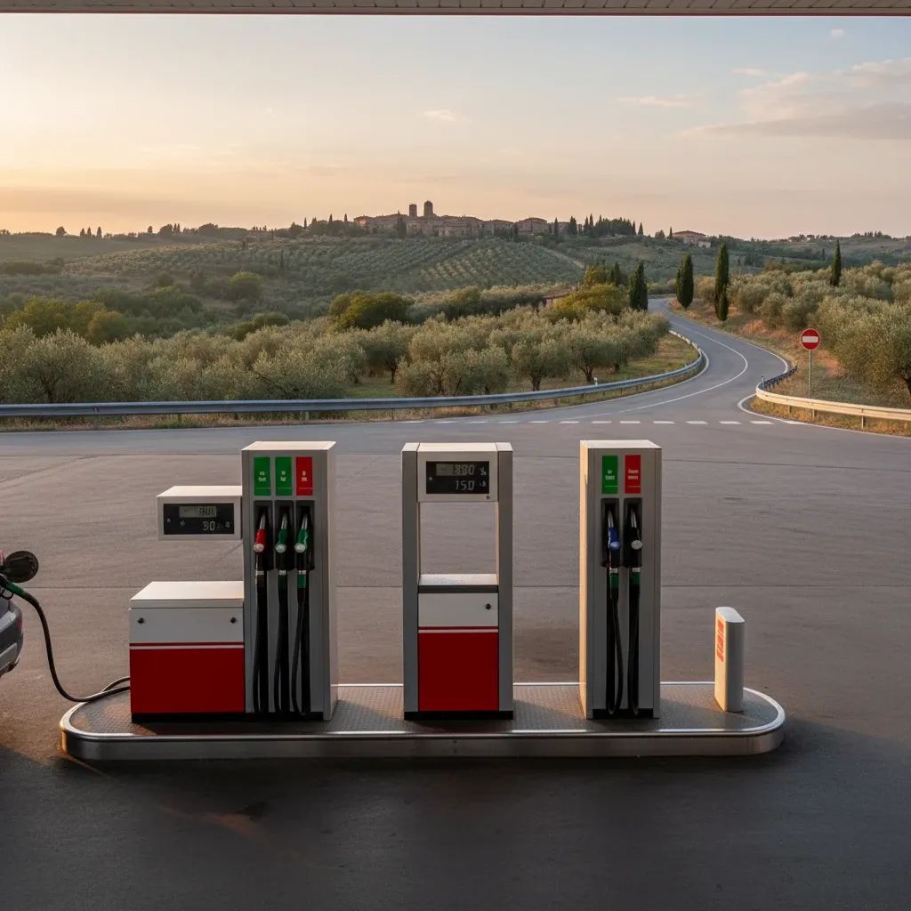 Italian gas station showing elevated fuel pump prices amid Middle East energy crisis