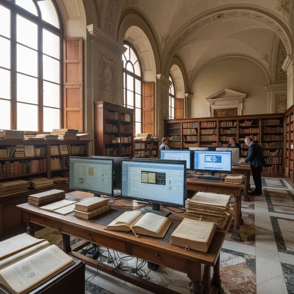 Italian government archive with declassified documents displayed alongside digital databases