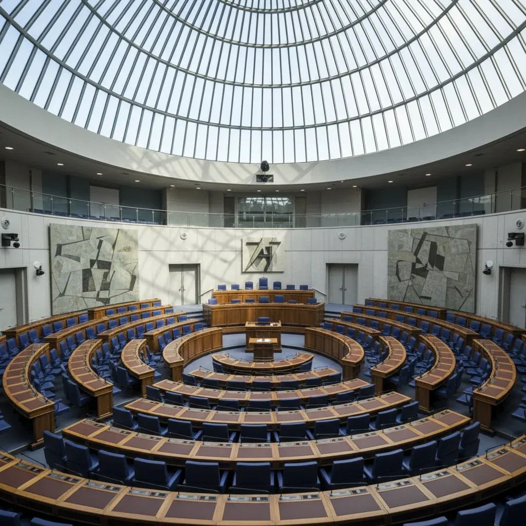 Italian Senate chamber during legislative session, formal parliamentary setting with seating arrangement