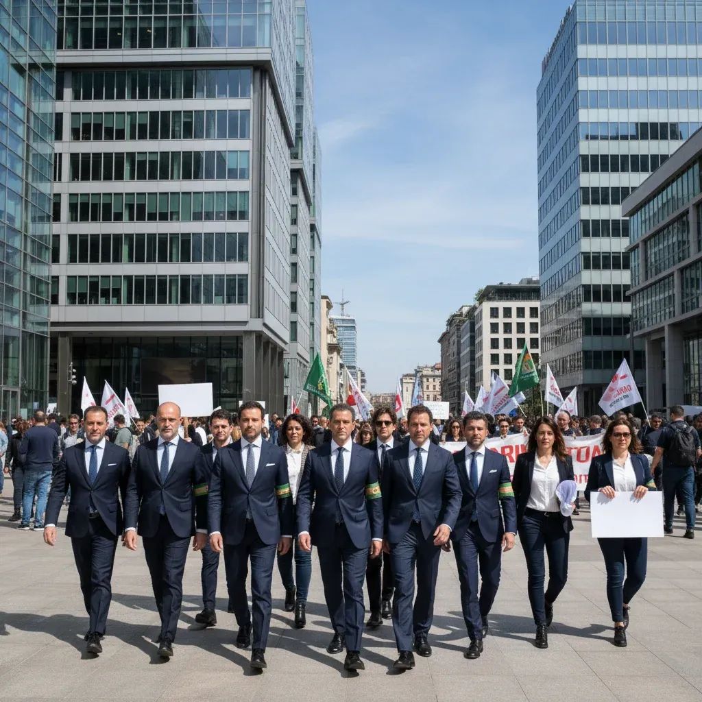 Workers gathered outside Milan stock exchange building during labor strike action