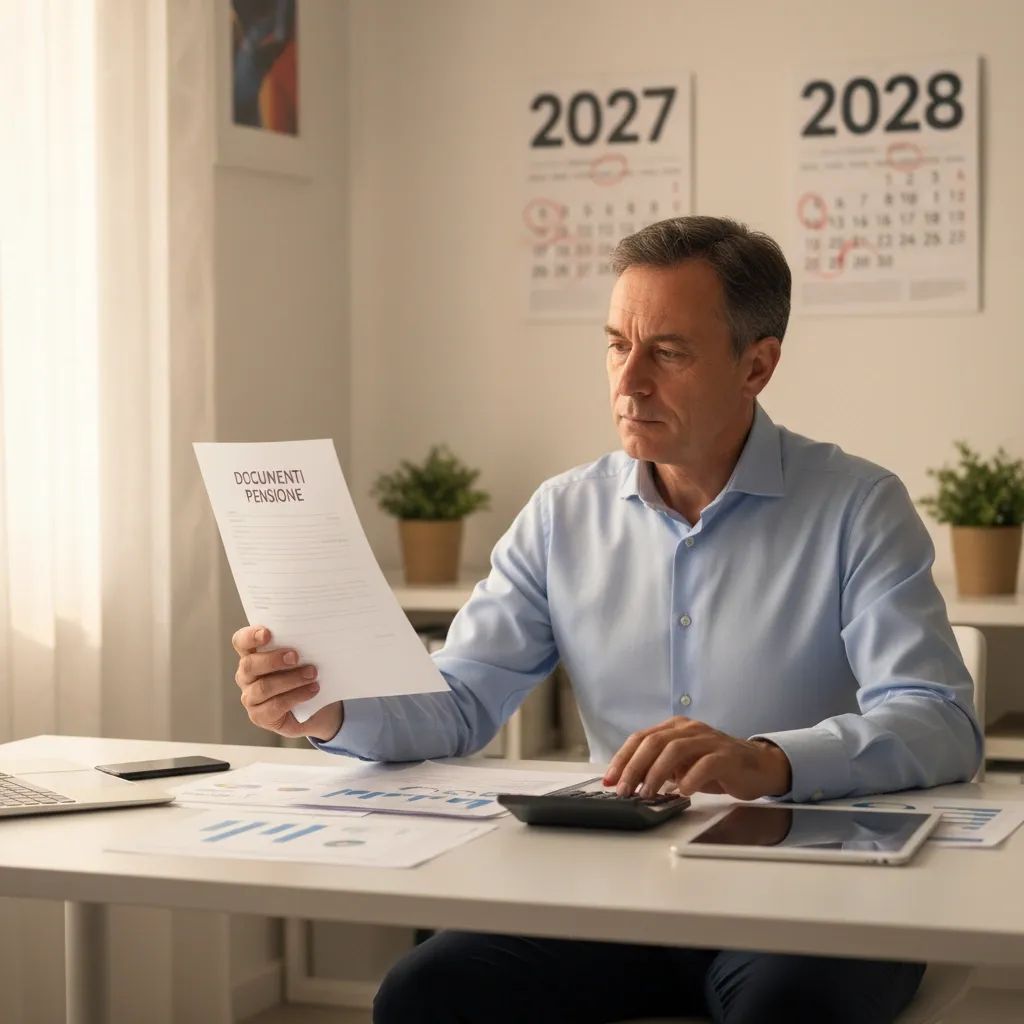 Italian worker reviewing retirement documents with calendar showing pension timeline changes