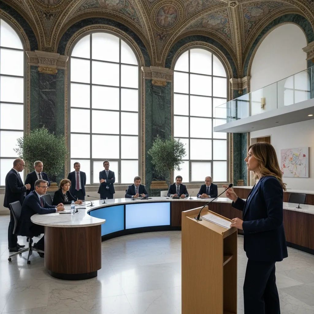 Professional mayor at administrative desk in modern city hall setting, representing political leadership in Genova
