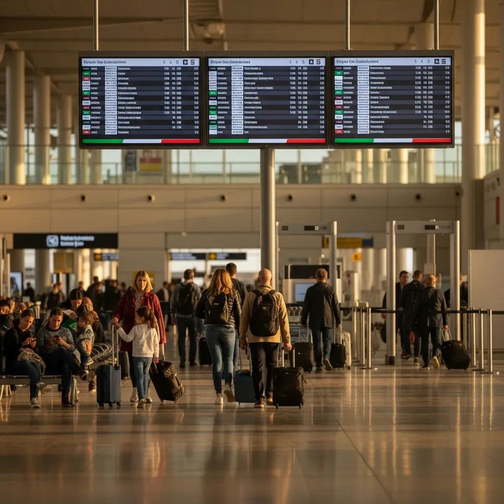 Airport terminal showing travelers and evacuation scene with international families and luggage