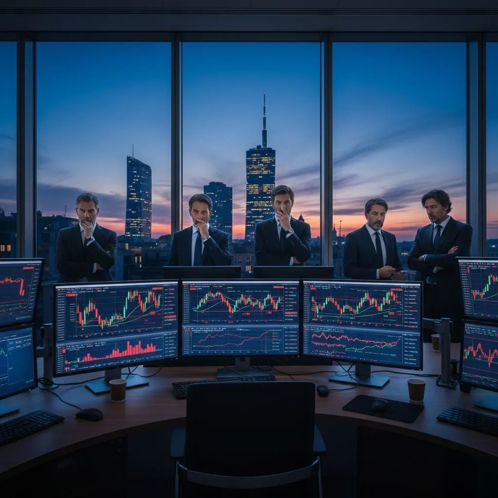 Financial trading desk with stock market charts showing declining values and Milan cityscape