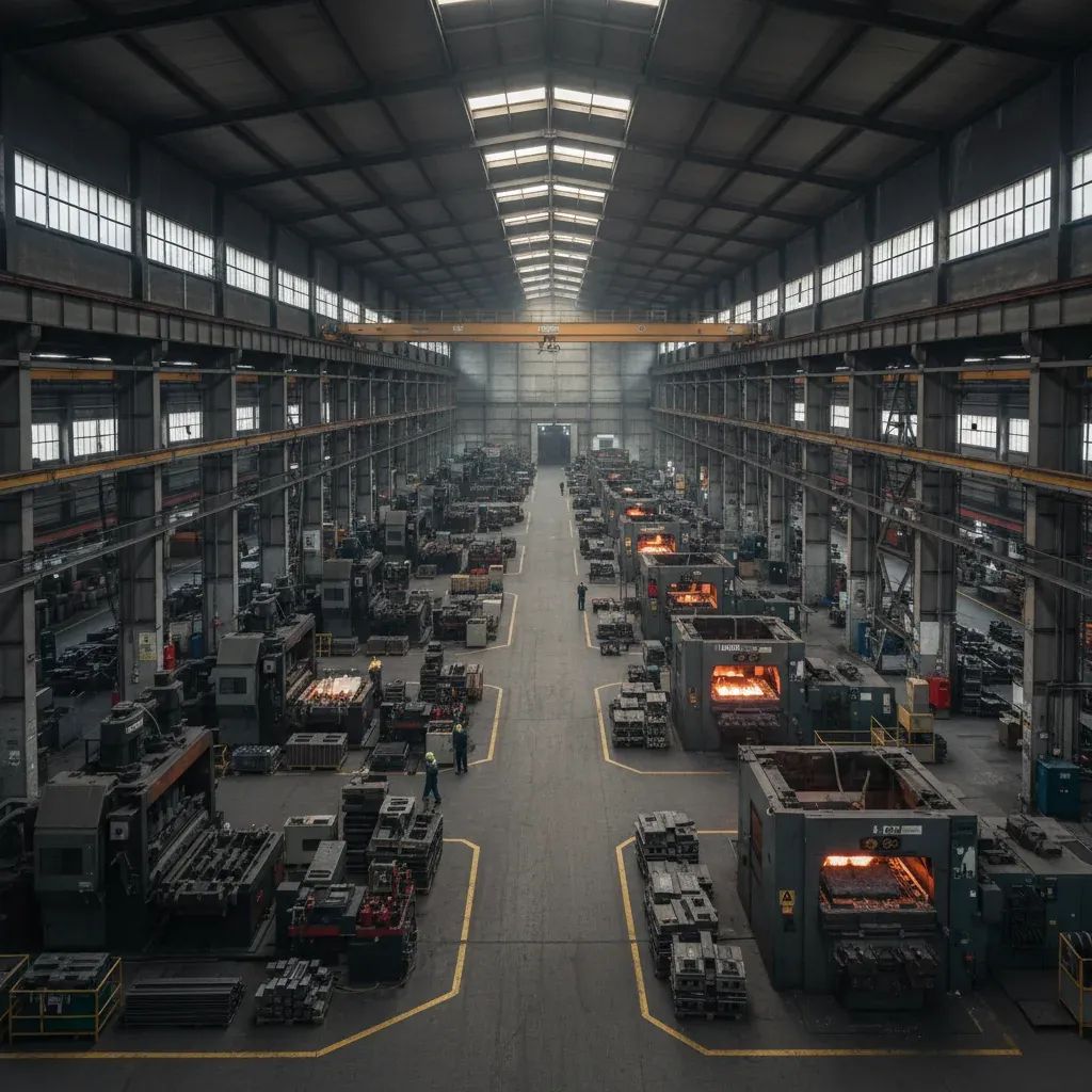 Empty manufacturing floor with die-casting machinery in Italian industrial facility facing closure