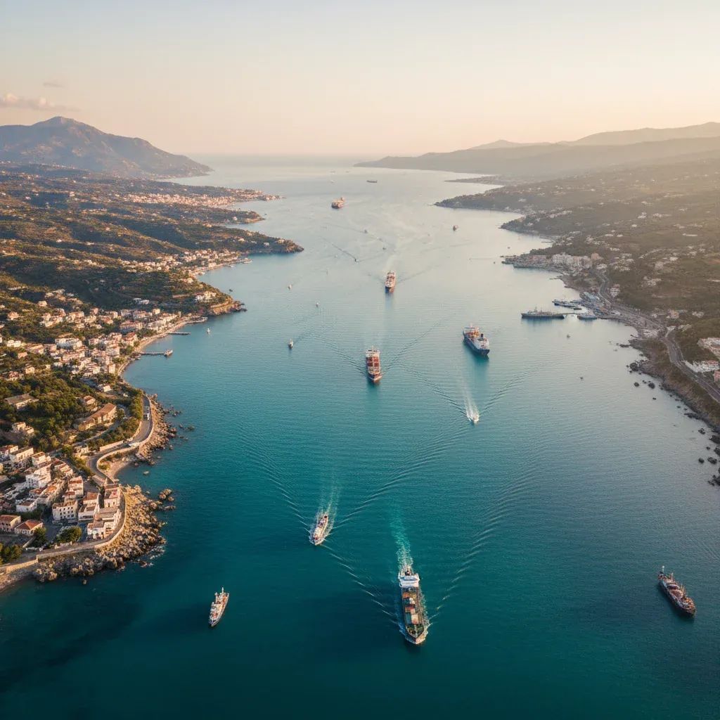 Aerial view of the Strait of Messina separating Sicily and Calabria, showing the waterway where the controversial bridge will be built
