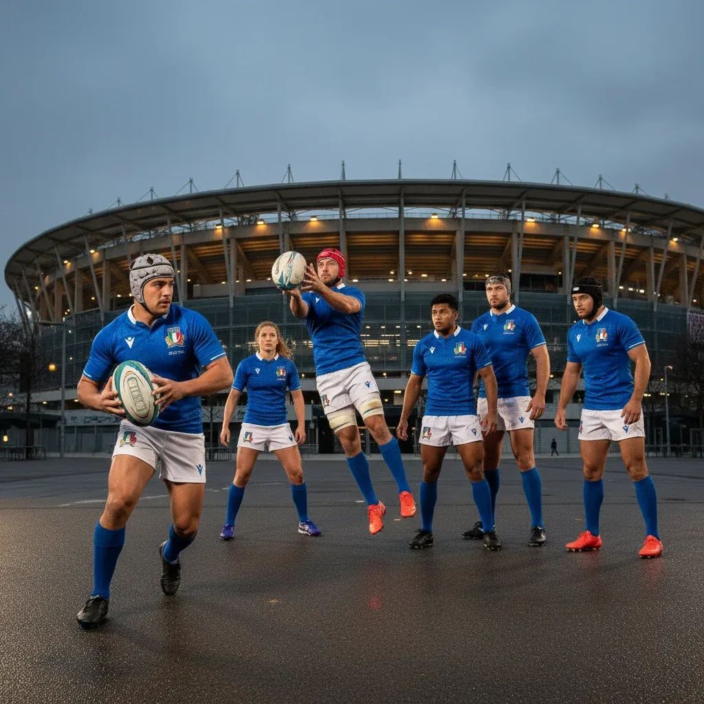 Italian rugby team players in Azzurri uniforms at Cardiff stadium, representing historic Six Nations match