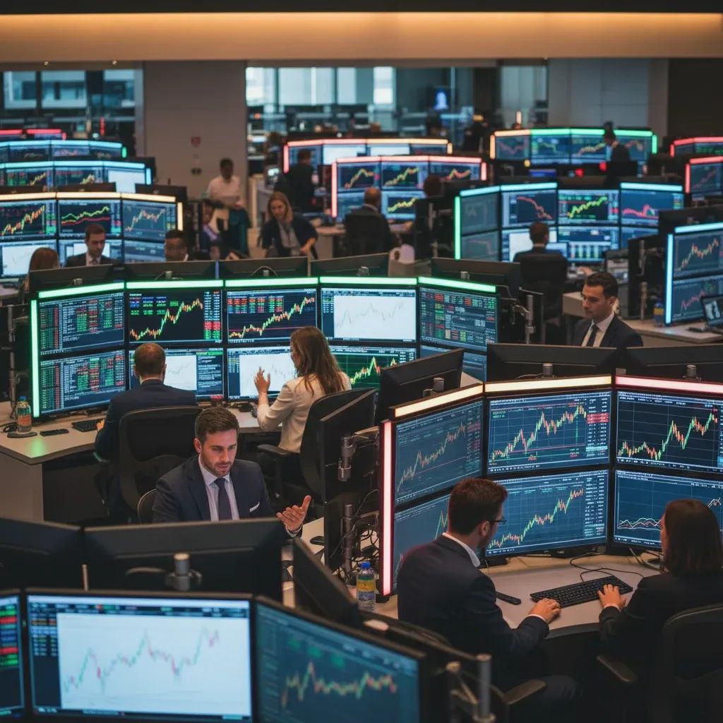 Trading floor with upward trending market charts and financial professionals monitoring stock performance
