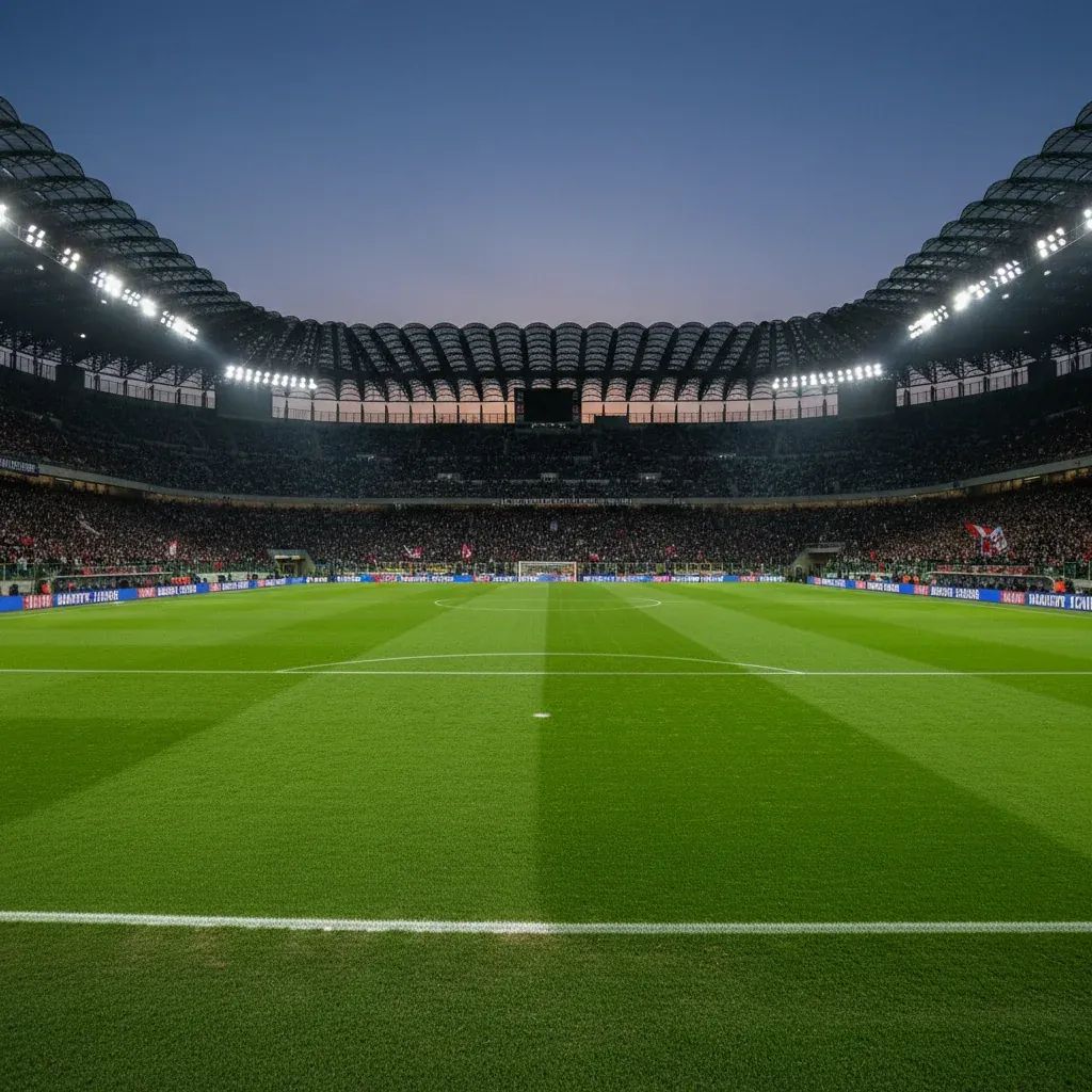 San Siro stadium packed with Inter supporters during Champions League match under stadium floodlights