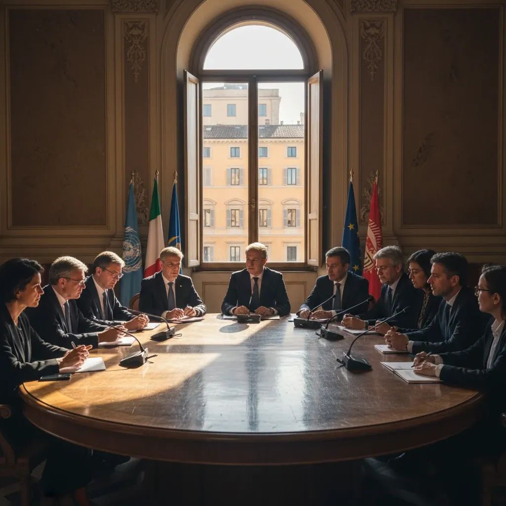 International union activists and labor representatives at Uil conference in Rome discussing worker rights advocacy