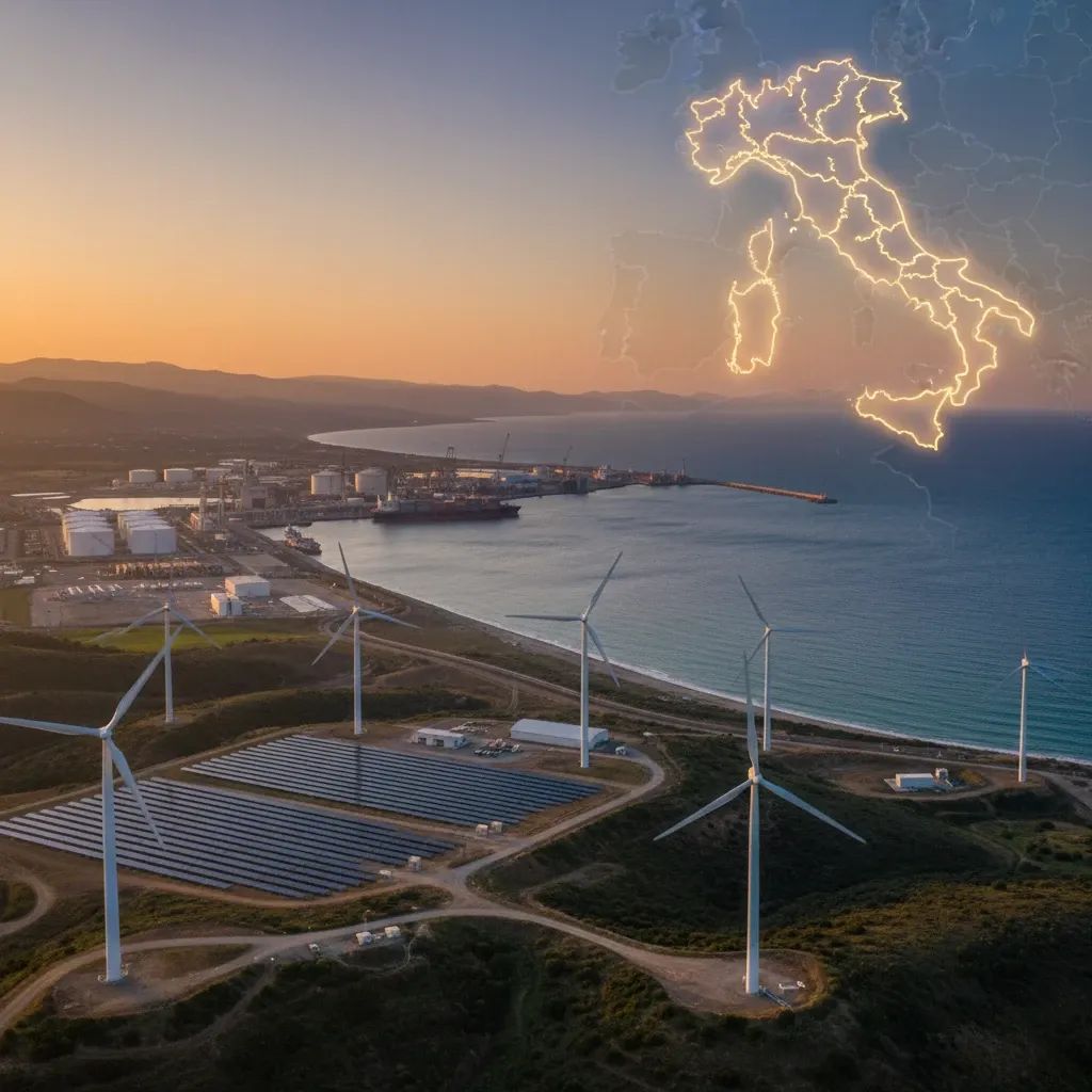 Italian renewable energy infrastructure with wind turbines and solar panels overlooking Mediterranean coast