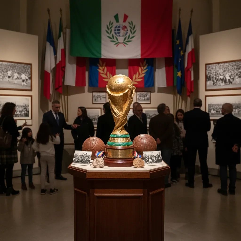 World Cup trophies and memorabilia displayed at Italian sports exhibition honoring Marco Tardelli's legacy