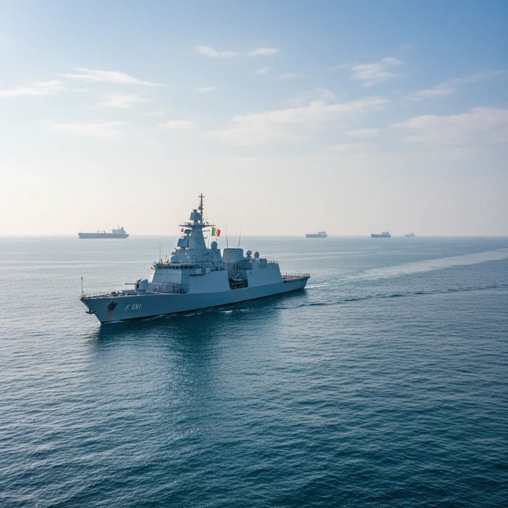 Italian naval vessel in Strait of Hormuz waters with international shipping corridor