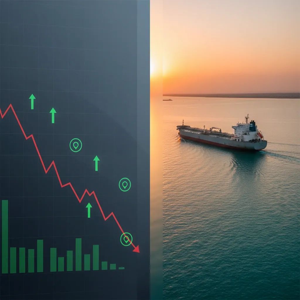 Oil price chart trending downward with tanker ship in Persian Gulf, representing energy market recovery