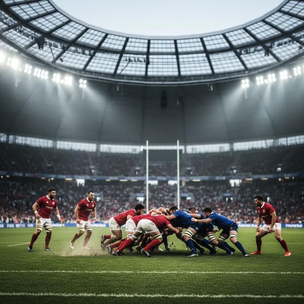 Italian rugby team faces French opposition in Six Nations stadium match with dramatic stadium lighting