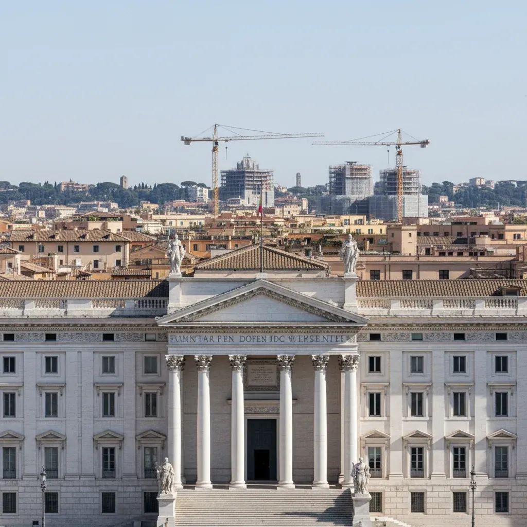 Palazzo Montecitorio framed by distant construction cranes, reflecting Italy's debate over Gaza reconstruction contracts