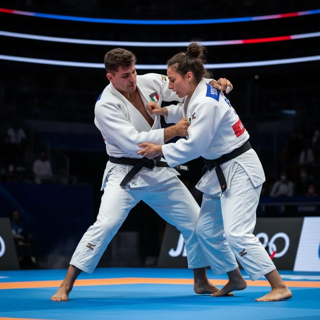 Italian judo competitors in action during 2026 European Championships competition