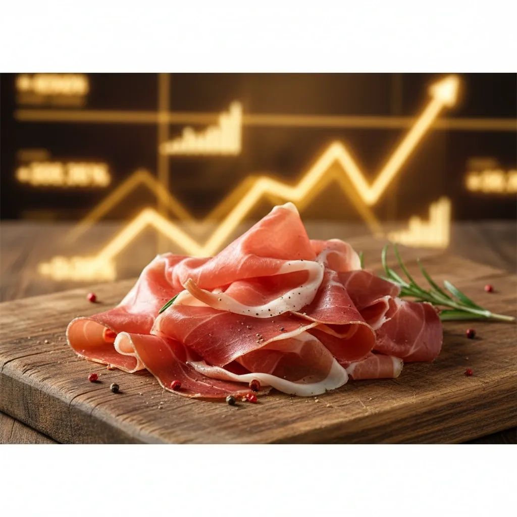 Premium San Daniele prosciutto slices arranged on wooden surface with warm lighting