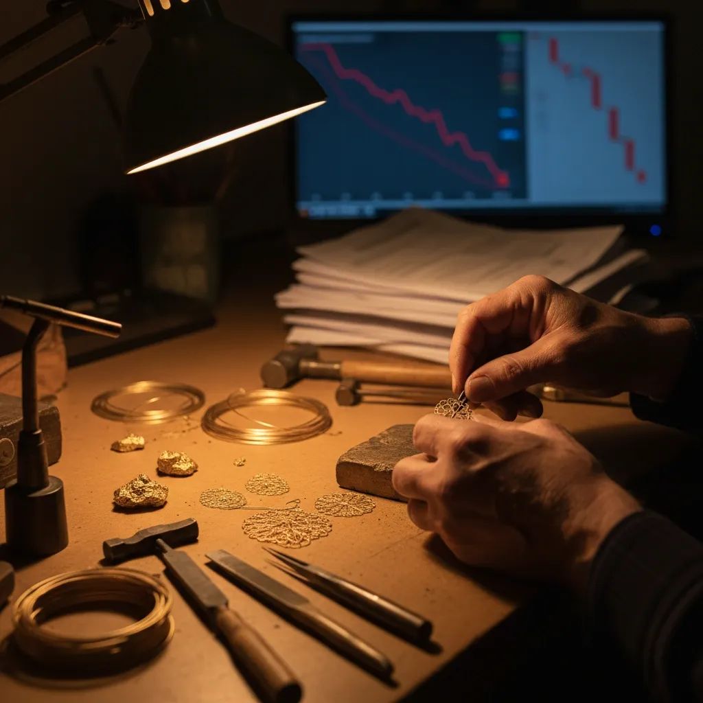 Artisan goldsmith's workshop with tools and materials, representing jewelry industry crisis in Valenza