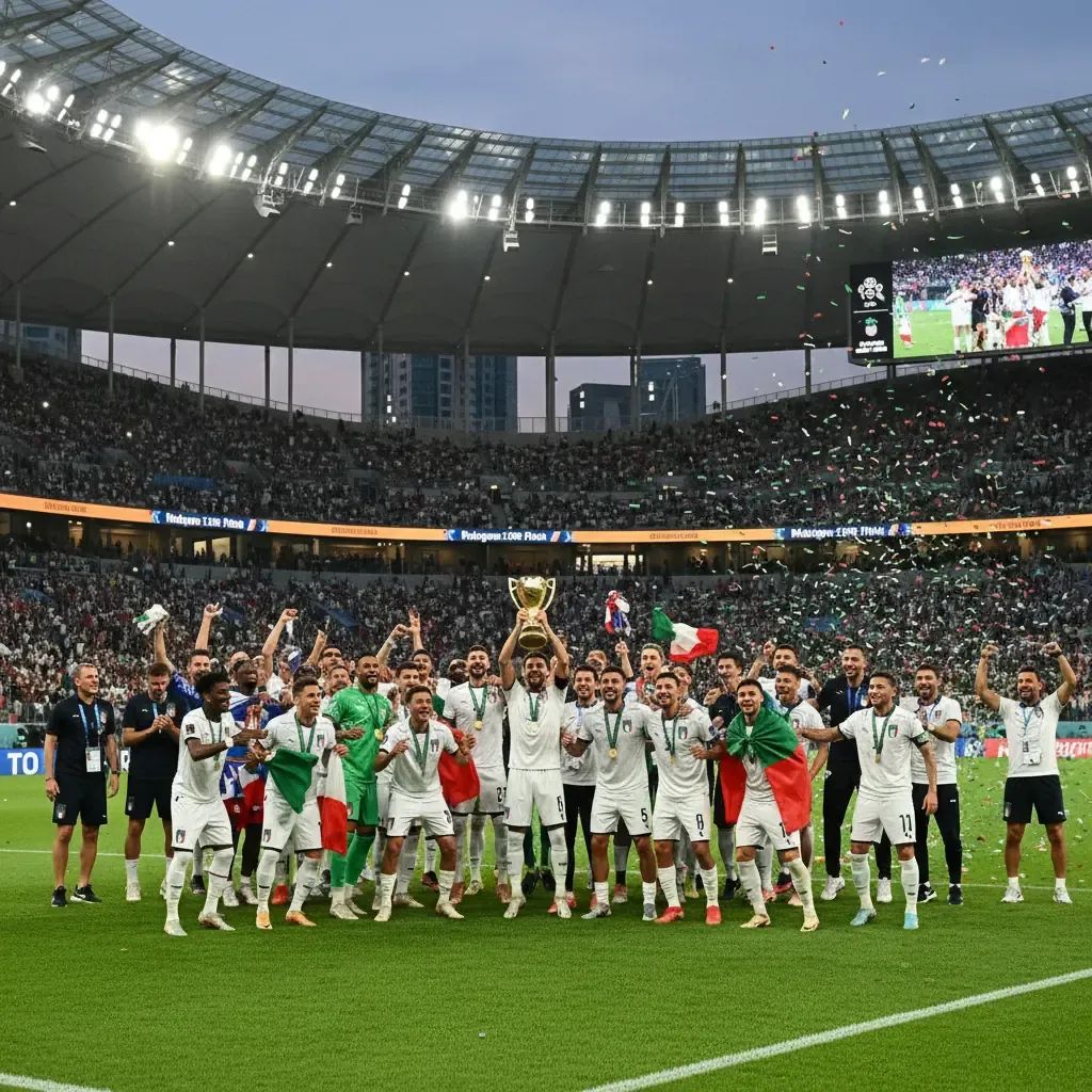 Al Sadd players celebrate championship victory at Doha stadium with Italian flags