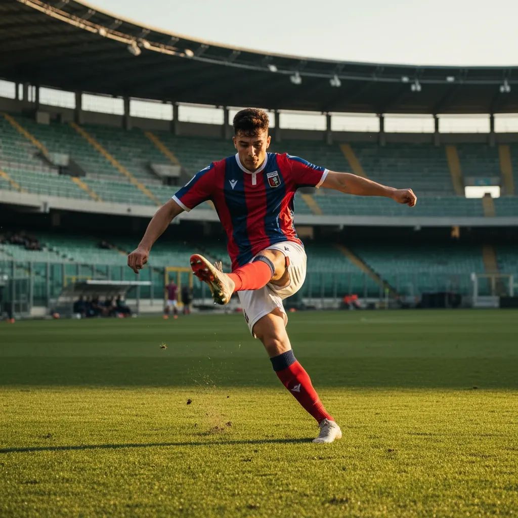 Young football player in Genoa kit during match action on the pitch
