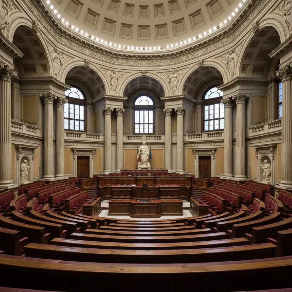 Italian Parliament chamber interior showing formal government architecture and seating
