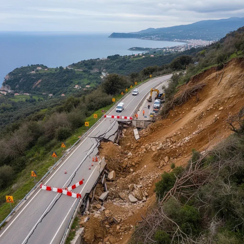 Aerial view of blocked A14 highway near Petacciato with visible landslide damage and emergency barriers in Molise, Italy
