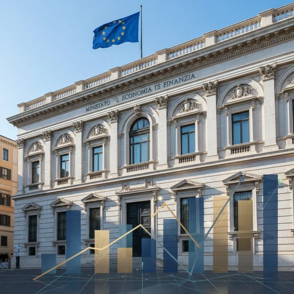 Italian finance ministry building with EU flag and budget charts representing fiscal deficit and tax policy changes