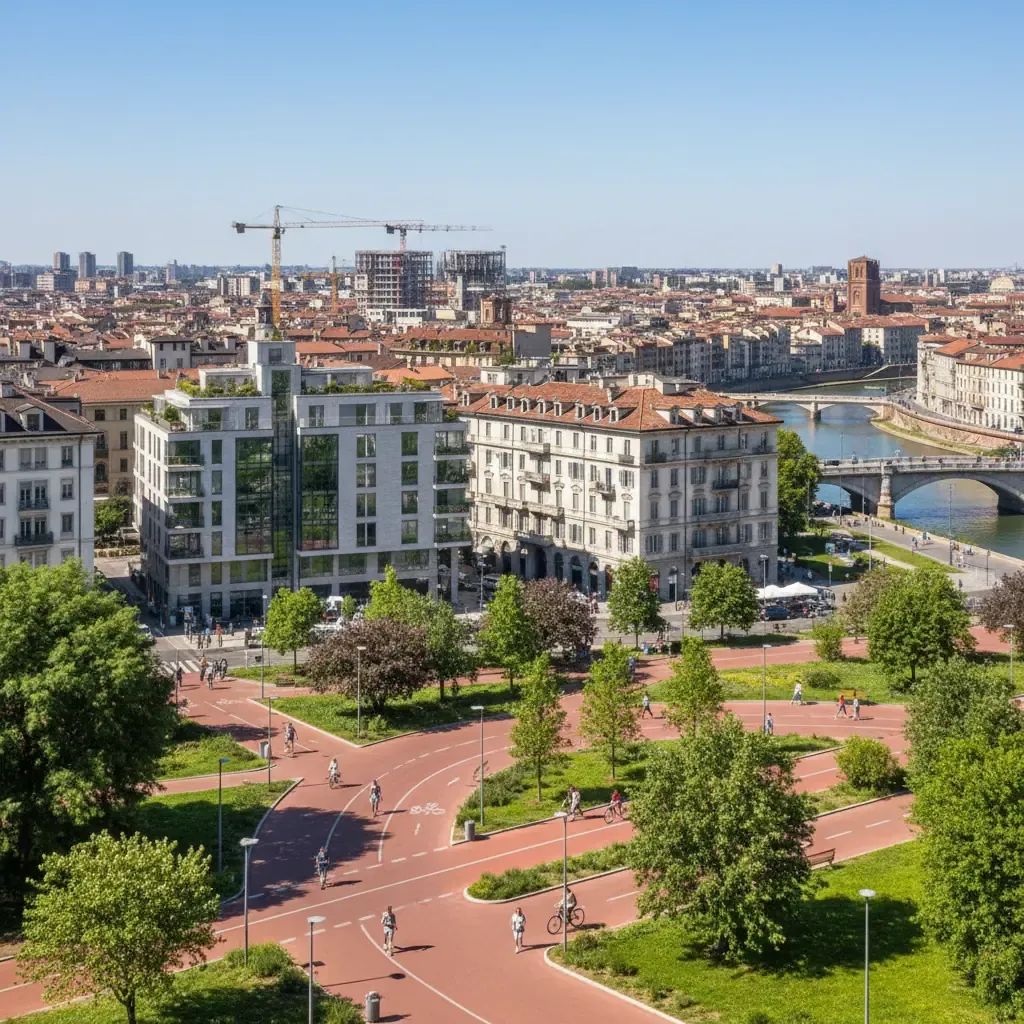 Modern Turin neighborhood with green spaces, bike paths, and mixed residential development representing urban renewal and sustainability