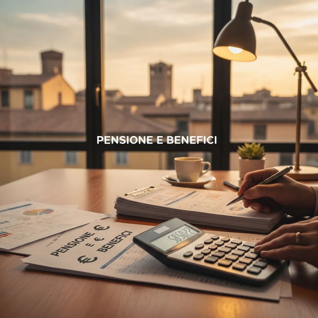 Office desk with financial documents, calculator, and paycheck materials representing pension and retirement planning benefits