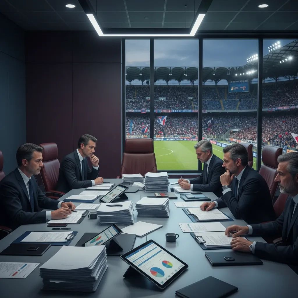 Corporate boardroom with documents, representing AS Roma management discussion and leadership restructuring
