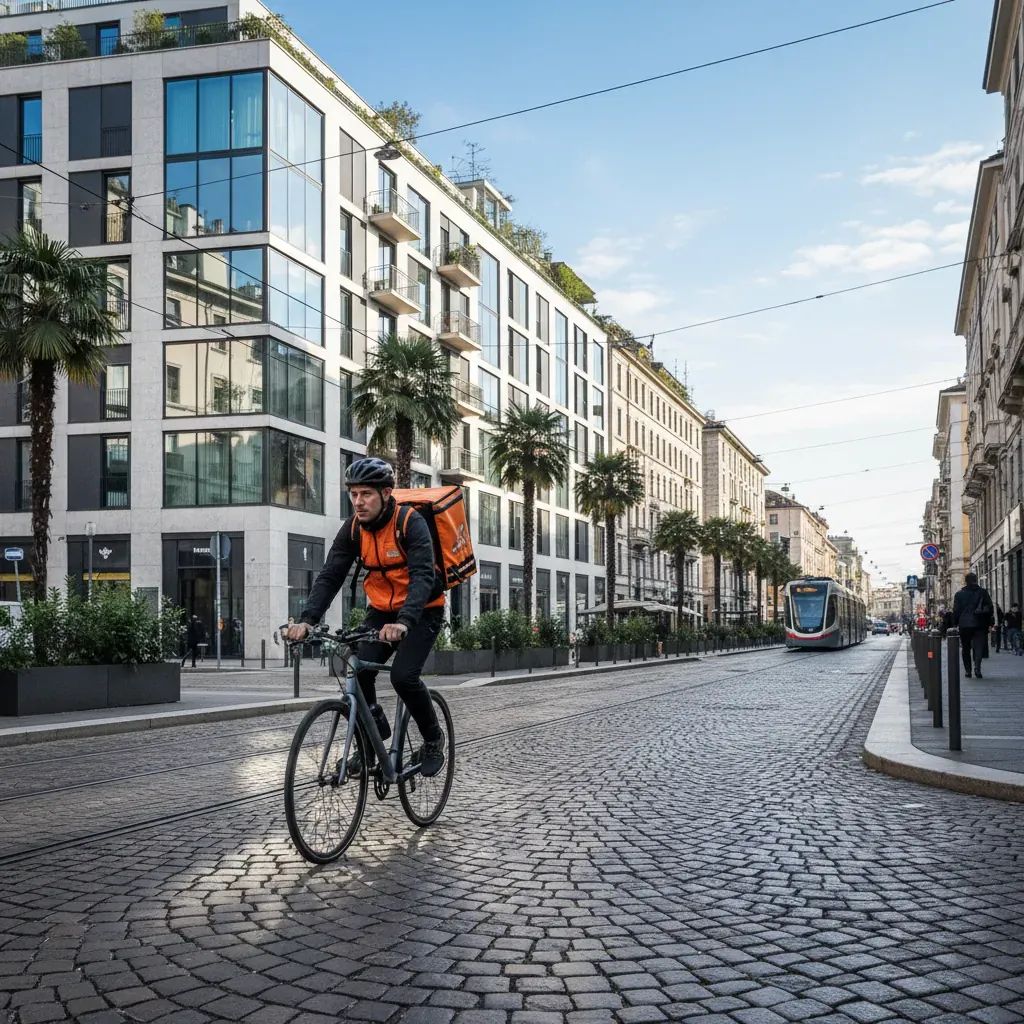 Food delivery rider on bicycle navigating Milan street with residential buildings
