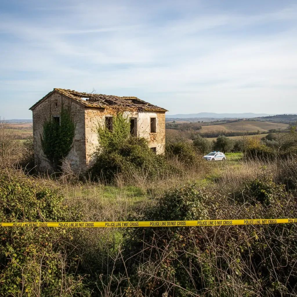 Abandoned farmhouse in Rome park with police security perimeter surrounding the damaged structure