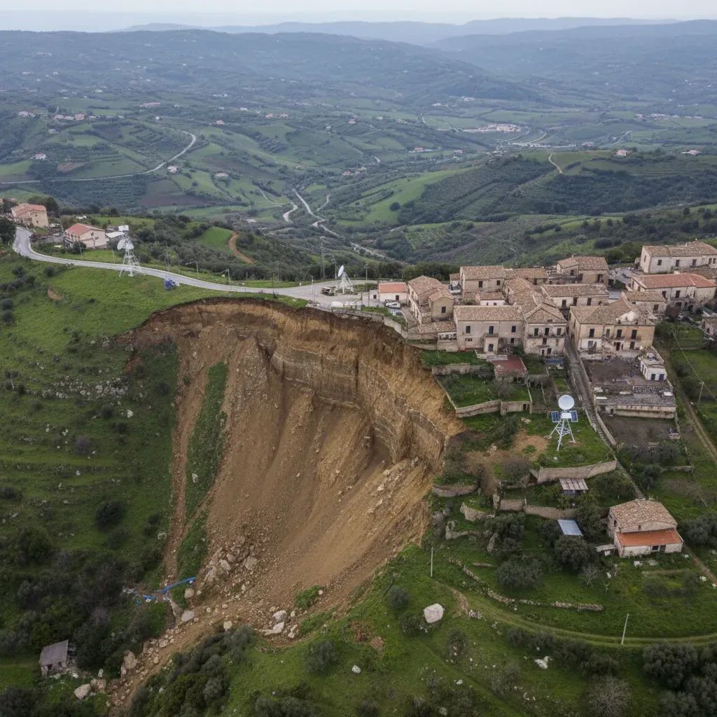Aerial view of Niscemi's landslide damage showing hillside collapse and displaced structures in Sicily