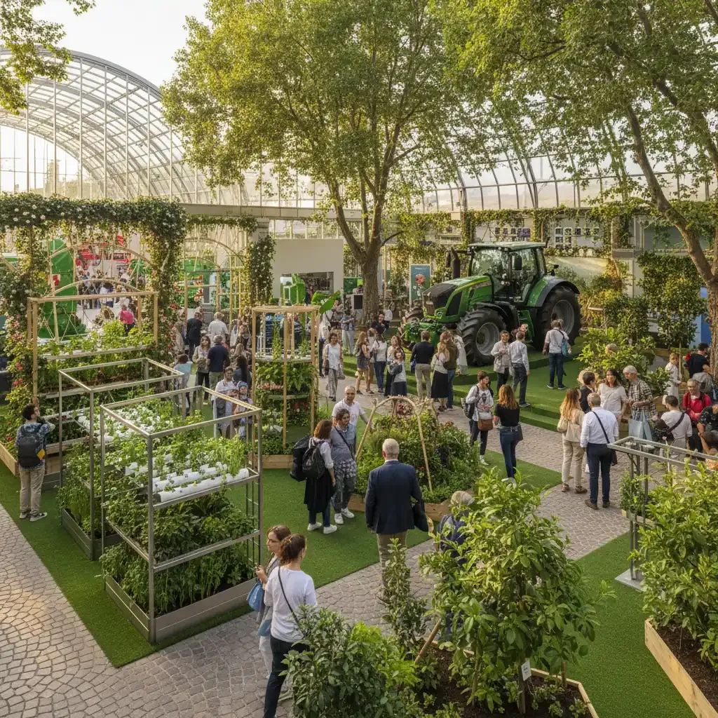 Visitors exploring agricultural exhibits and green plant displays at Italy's Vita in Campagna hobby farming fair in Verona