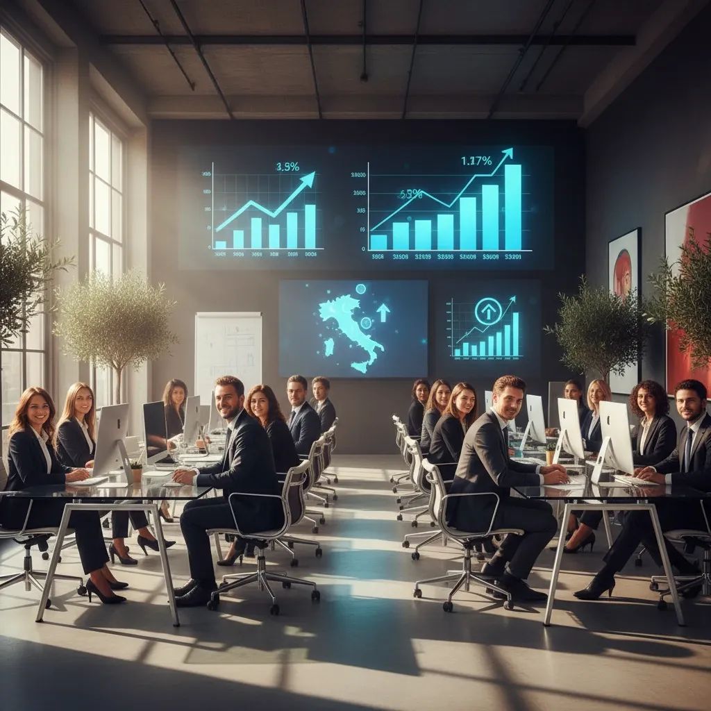 Diverse professionals working in modern Italian office with employment statistics and upward trending charts displayed