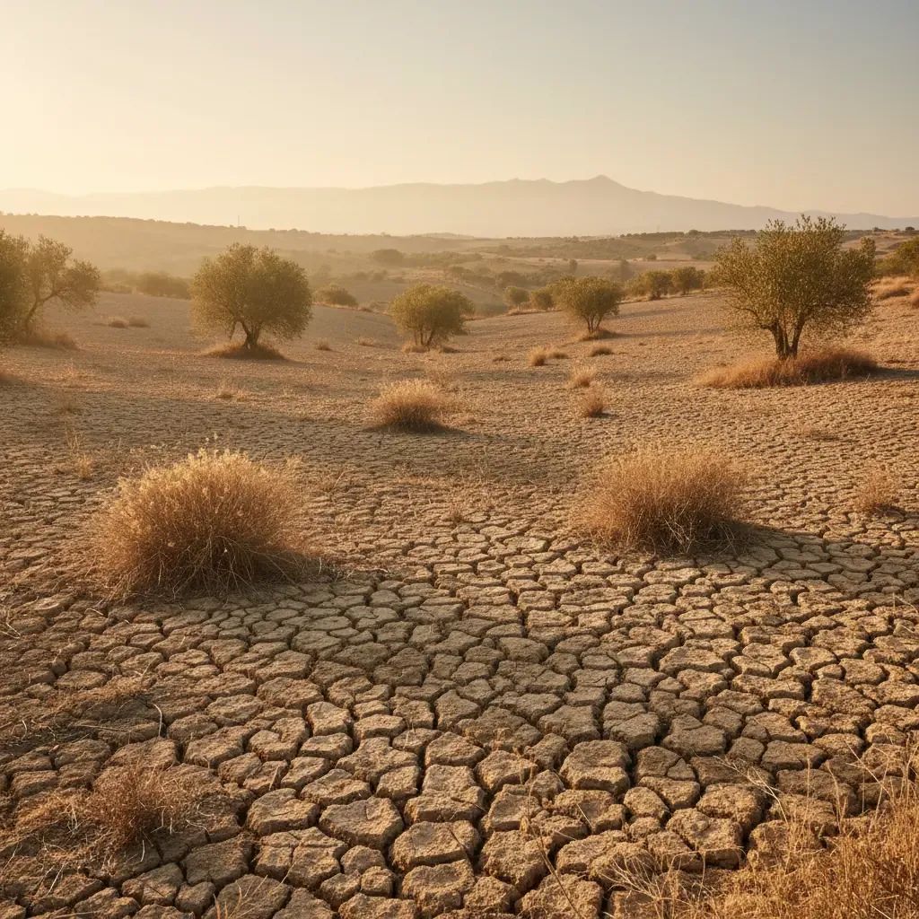 Dry cracked earth landscape in Mediterranean showing severe drought impact in Italy