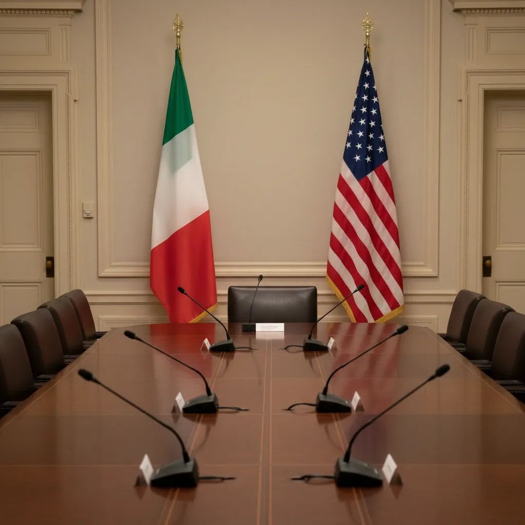 Polished conference table with Italian and US flags, representing Italy’s observer role on Trump’s peace board