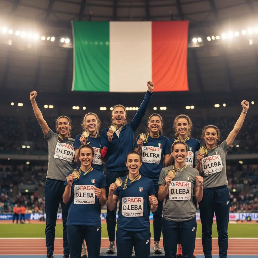 Italian athletes celebrating gold medal victory at World Indoor Championships track event