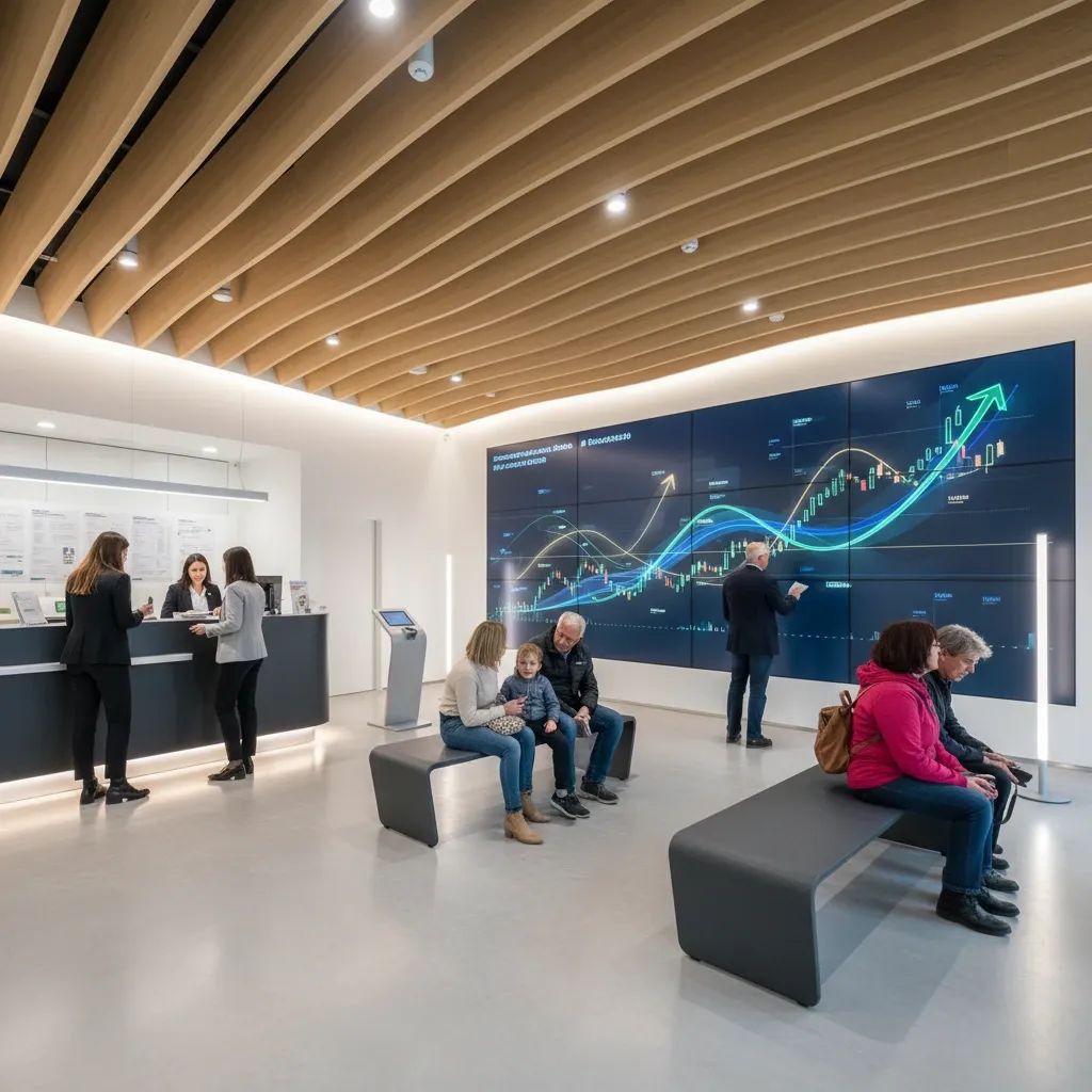 Modern Italian post office with customers and financial growth indicators representing Poste Italiane record 2025 earnings