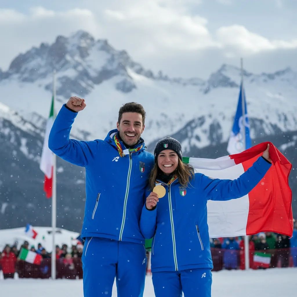 Italian ski cross athletes celebrating Olympic gold and silver medals at Milano Cortina 2026 in Livigno