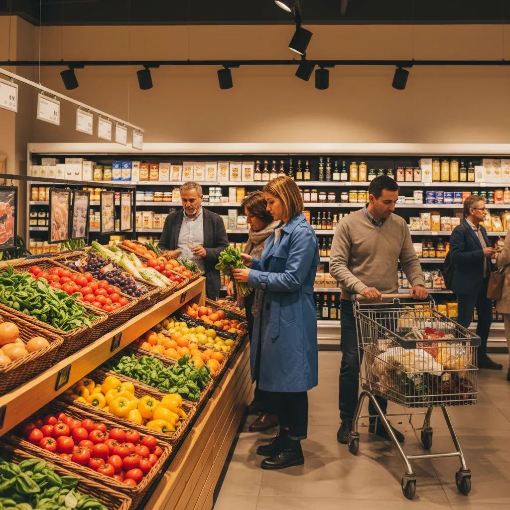 Shoppers browsing fresh produce in modern Italian supermarket with well-stocked shelves