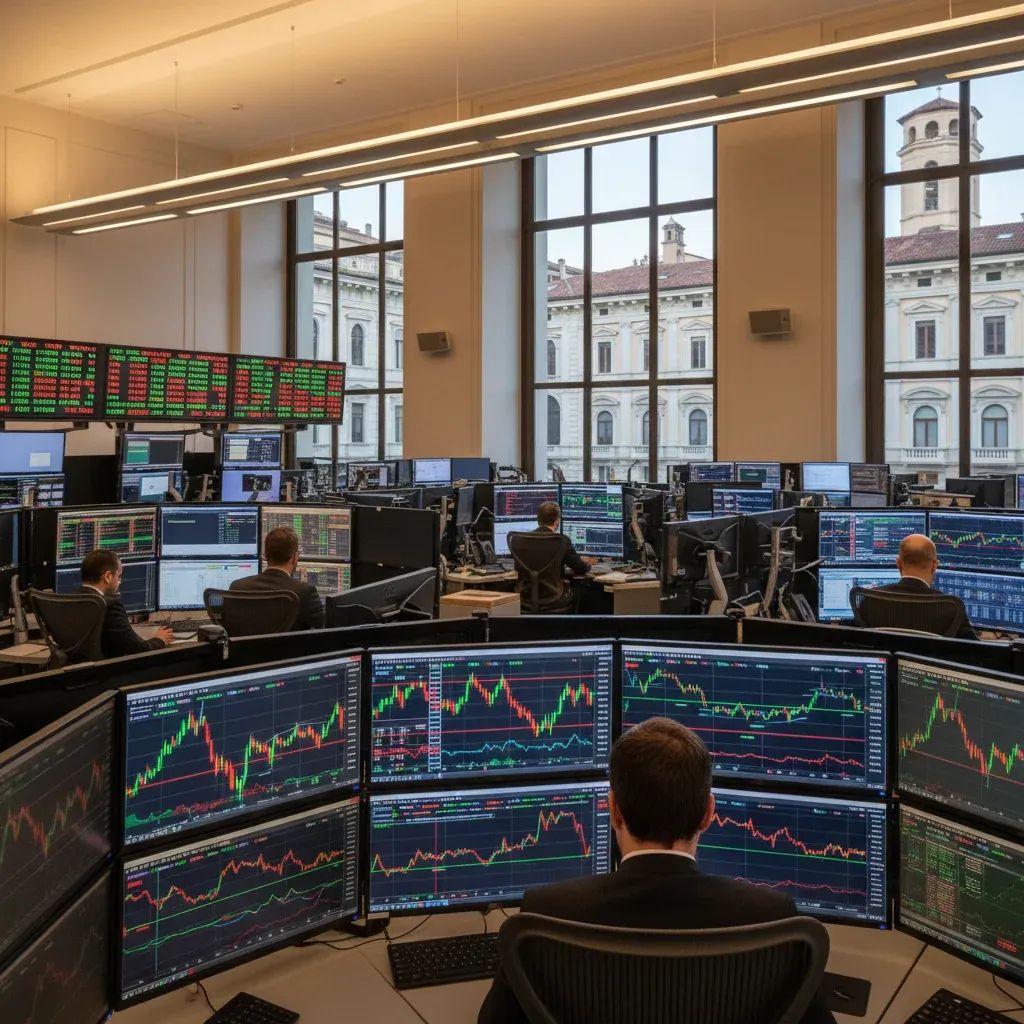 Financial traders monitoring stock market data on multiple screens during a trading session