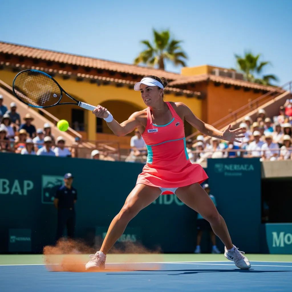 Tennis player executing aggressive shot on hard court during WTA match in Mexico