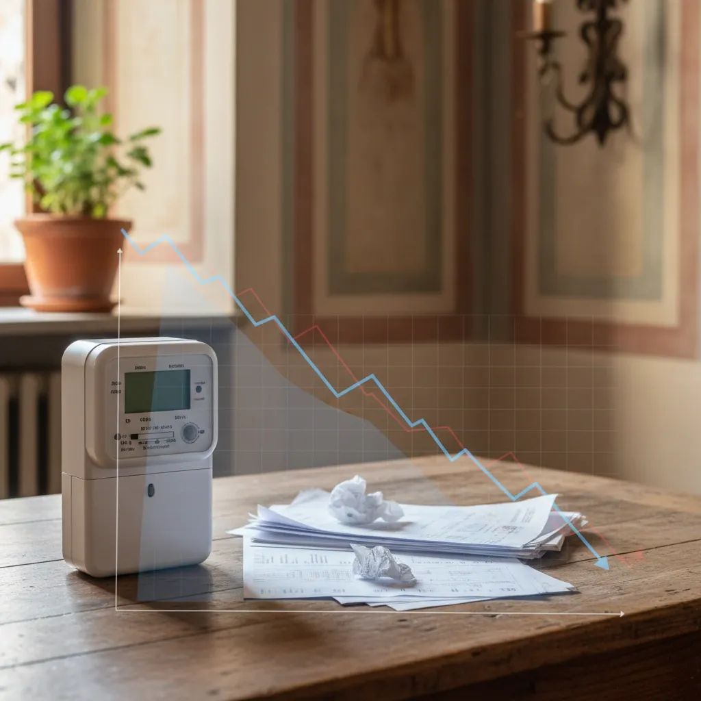 Utility bill and energy meter showing declining costs with downward trend chart overlay