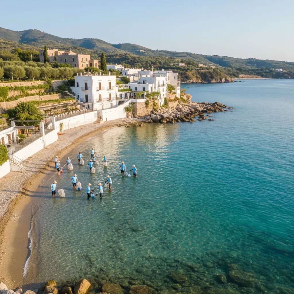 Environmental volunteers cleaning Italian beach and waterfront area, promoting plastic-free sustainability initiatives across Italy