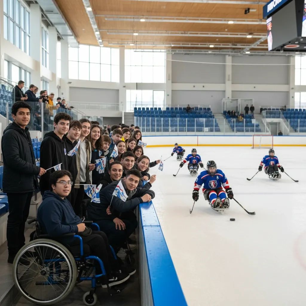 Students and teenagers watching Paralympic athletes compete at indoor winter sports venue