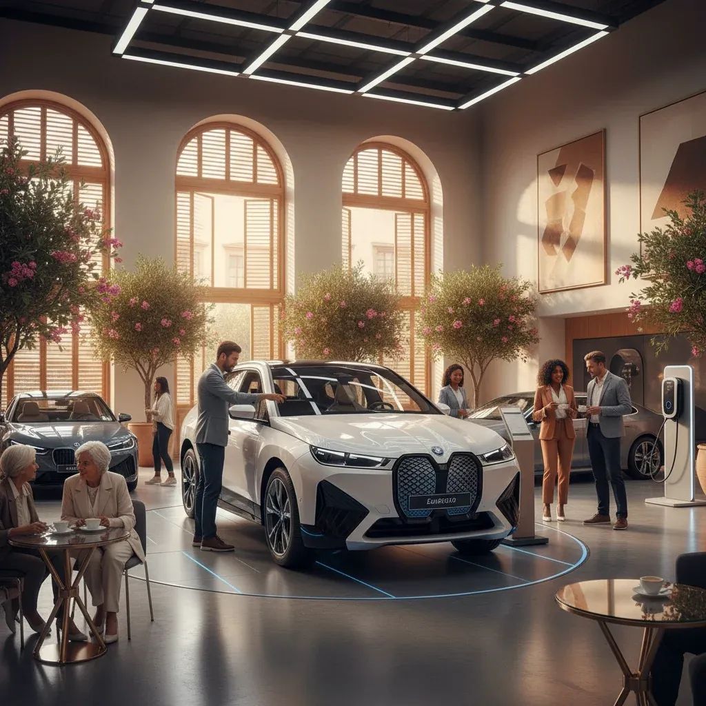 BMW electric vehicle displayed in modern showroom with customers browsing
