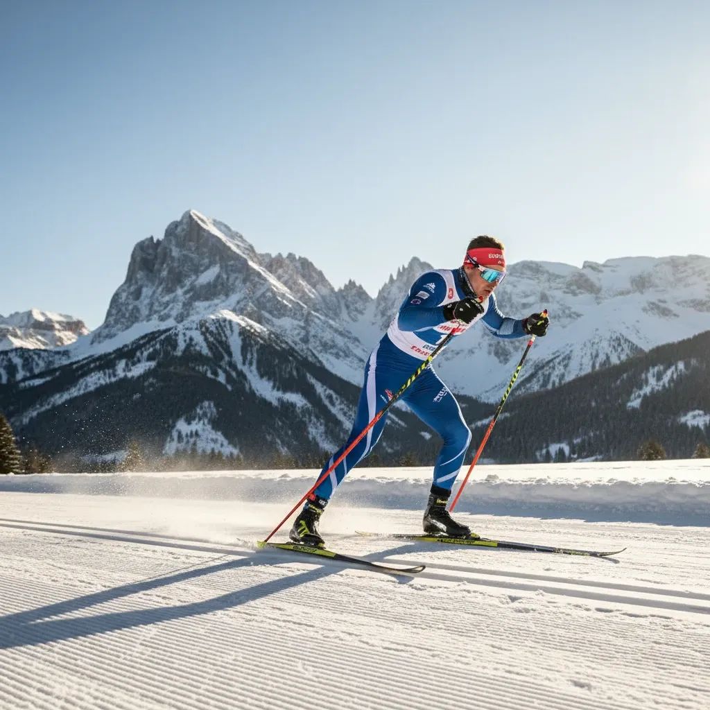 Cross-country skier racing through snowy Alpine landscape during Milano Cortina Olympics